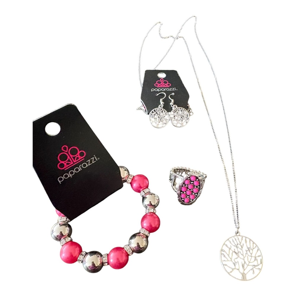 Paparazzi Pink Silver Tree of Life Jewelry Set Necklace Earrings Bracelet Ring